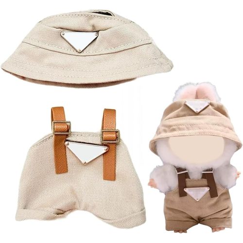 KALANKA-Kit de crochet miniature fait  la main, vtements de poupe tendance, convient aux poupes en peluche en caoutchouc pour la-bu-b Plush de 17 cm, cadeaux pour enfants, beige avec chapeau