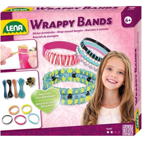 KALANKA-Lena 42652 Kit d'artisanat Wrappy Bands pour faire soi-mme 3 bracelets, 7 bandes de silicone en 5 couleurs, cordon en 4 couleurs et 48 perles  enfiler, pour enfants  partir de 6 ans Multic