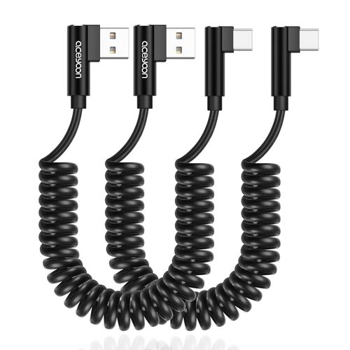 KALANKA-Lot de 2 Cable USB C Spirale, 3A 60W Cble USB vers USB C Charge Rapide Support QC3.0 Cable USB C Coud Court Compatible avec Galaxy 23 22, pour Huawei, Rallong de 0,3m  0,8m (Noir)