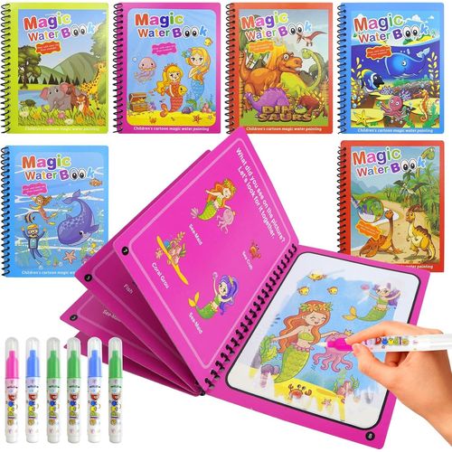 KALANKA-Lot de 6 livres de coloriage Magic Water Colouring Book, avec peinture  l'eau, 6 crayons  eau, livre de coloriage  partir de 2, 3, 4, pour 2, 3, 4, 5, 6 ans, livre de coloriage  l'eau pou