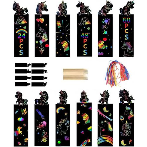 KALANKA-Marque-Pages  Gratter pour Enfants, 1 jeu 20 Pices Marque Pages  Gratter, Licorne Marque-Pages Arc-en-Ciel Magic Scratch, avec 10 Stylets en Bois, 20 Rubans, multicolore