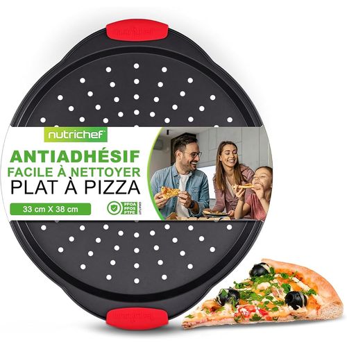 KALANKA-NutriChef Plaque Pizza,Moule  Pizza Antiadhsif, Plat Rond en Acier Perfor, Poigne en Silicone et Poigne Surdimensionne,Plat pour Four, Passe au Lave-vaisselle, Noir
