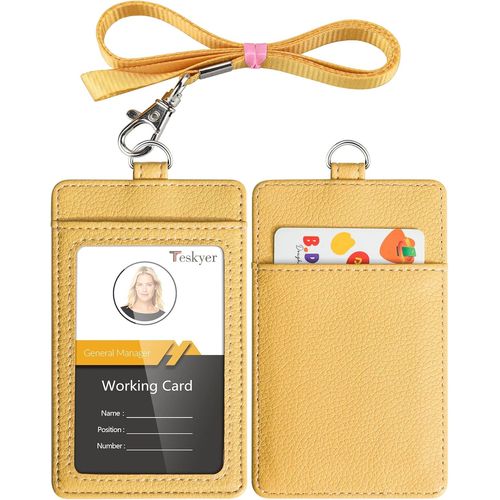 Kalanka-Porte Badge, Porte Badge Tour De Cou, 2 Emplacements Pour Cartes, En Cuir Pu, Avec Effacer La Fentre Longe En Nylon, Jaune