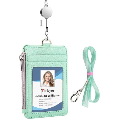 Kalanka-Porte Badge Tour De Cou - Avec Cordon Rtractable, Cuir Pu, 4 Emplacements Pour Cartes, Porte Carte Avec Poche  Glissire, Design Vertical, Vert Aqua