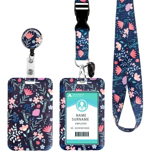 Kalanka-Porte Badge Tour De Cou Avec Porte-Cartes, Cordon Strap Neck Avec Swivel Lobster Clasp -Pour Porte Badges D'identification,Cls,Camra,Tlphone Portable (Pink Blue Flower)