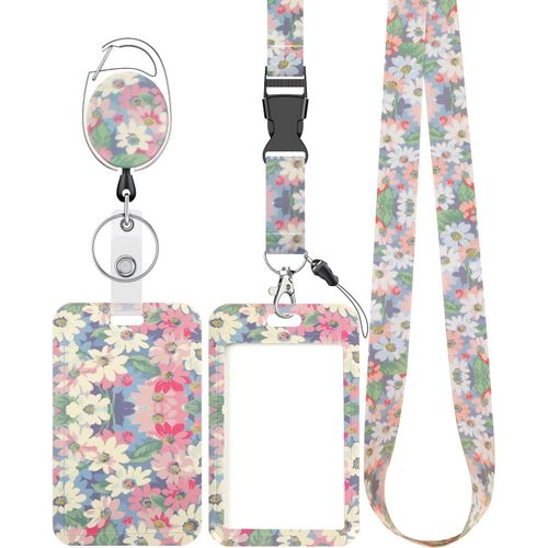 Kalanka-Porte Badge Tour De Cou Coulissant Floral Color tui En Plastique De Fleur Avec Clip De Mousqueton De Bobine De Badge Rtractable Sangle Longe Dtachable Porte Carte Verticale Dure