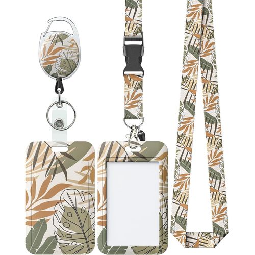 Kalanka-Porte Badge Tour De Cou Coulissant Floral tui En Plastique De Feuilles De Monstera Avec Clip De Mousqueton De Bobine De Badge Rtractable Et Sangle De Longe Dtachable Porte Carte Verticale