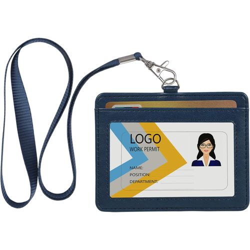 Kalanka-Porte Badge Tour De Cou, Fabriqu En Cuir Pu, Avec Fentre Transparente, 2 Emplacements Pour Cartes, Bleu