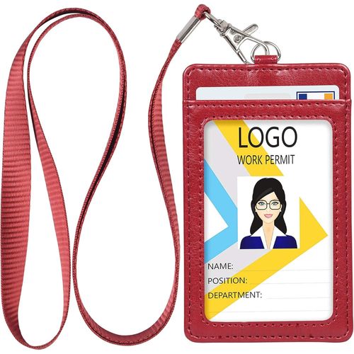 Kalanka-Porte Badge Tour De Cou, Porte Badges Verticaux, Fabriqu En Cuir Pu, Avec Fentre Transparente, 2 Emplacements Pour Cartes, Rouge