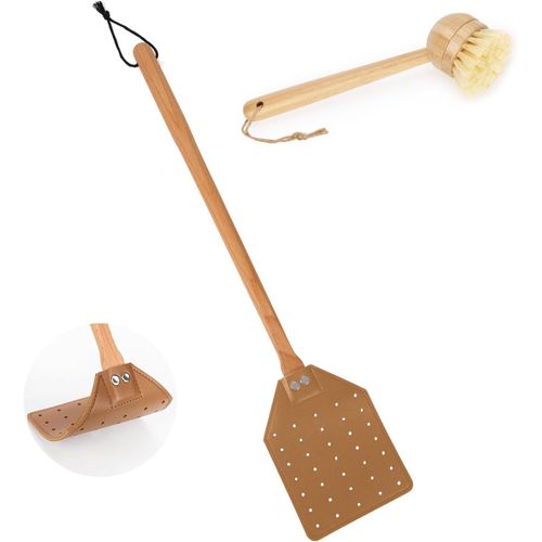 Kalanka-Tapette  Mouches En Cuir, Tapette  Mouches Robuste Avec Brosse De Nettoyage Long Manche En Bois Portable Manuelle Tapette  Gupes Pour La Maison L'intrieur Et L'extrieur (Brun)