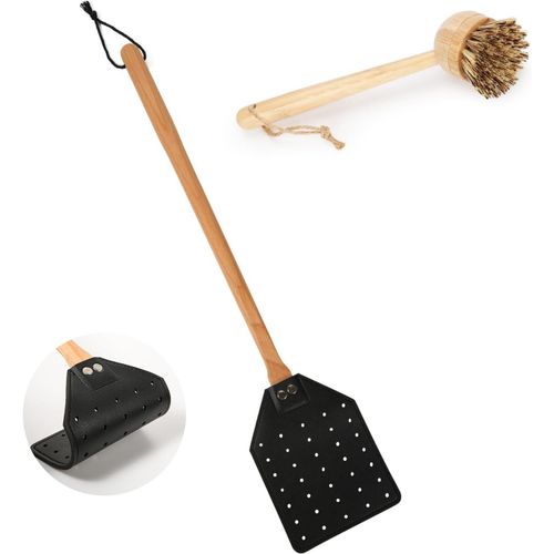 Kalanka-Tapette  Mouches En Cuir, Tapette  Mouches Robuste Avec Brosse De Nettoyage Long Manche En Bois Portable Manuelle Tapette  Gupes Pour La Maison L'intrieur Et L'extrieur (Noir)