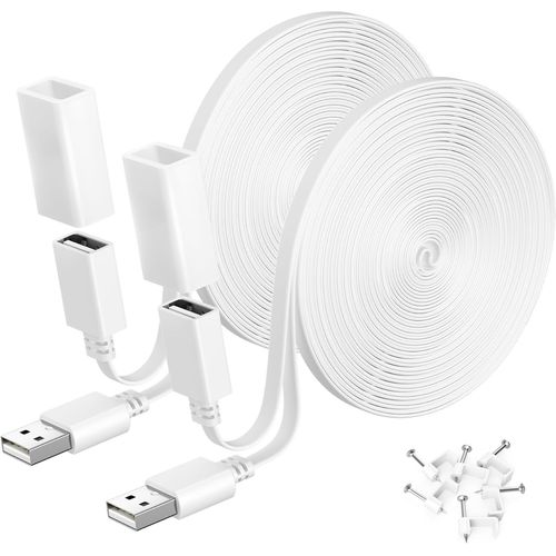 KALANKA-USB A Male to USB A Female Extension Cable 6 m 2 Pack White, USB Power Cord Long Flat Weatherproof Cable for WYZE Cam V4/V3, WYZE Cam OG, Blink 4(4th Gen), Blink XT,Mini