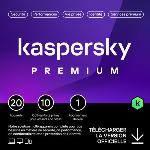 Kaspersky Premium - Multidevice 20 App 1 An 10 Coffres - Pc Mac Android Ios - Ed Franaise Licence Officielle Par Mail - Esd