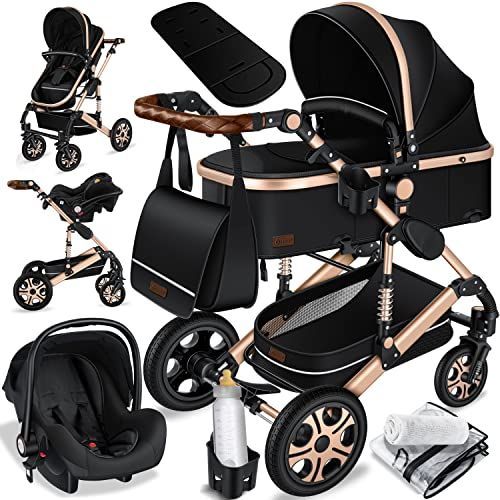 Kesser Poussette Combine 3en1 Set Incl. Baignoire Bb Poussette Sige Sport & Sige Auto Pour Bb Pneus Pleins En Caoutchouc Protection Pluie Table Pour Enfant Ece R129 Noir/Champagne