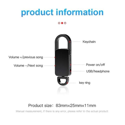Keychain Sound Activated Voice Recorder Key Hook Mini Dictaphone Voice Audio Recordin Noise Reduction MP3 Player 8G