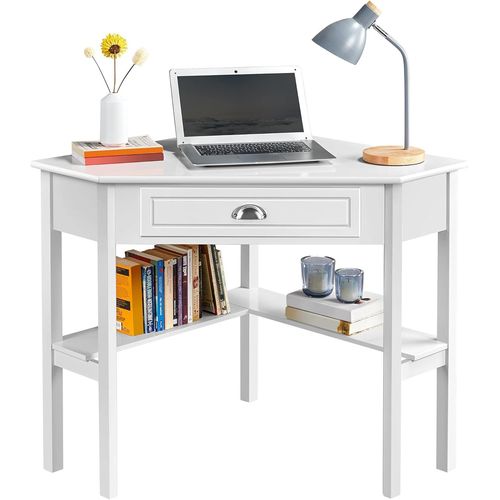 Kgabery-1bureau D'angle Poste De Travail Informatique Bureau En Bois Avec Tiroir Et tagre De Rangement Design Classique Et lgant 106  71,5  76,5 Cm Blanc