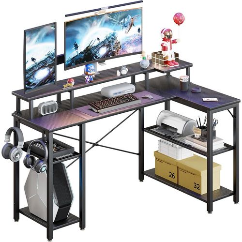 Kgabery-1bureau D'ordinateur,Bureau D'angle En Forme De L De 139,7 Cm Avec 2 Couches De Rangement Des Deux Cts,Table D'ordinateur Portable Avec Grand Support De Moniteur,Support De Lampe De