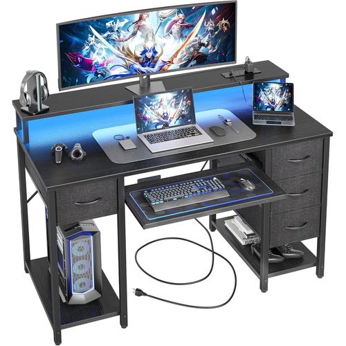 Kgabery-1bureau Informatique Multiprise Intgre Led-120x50cm Table Gaming Avec Plateau Pour Clavier,4 Tiroirs Rversibles,Rangement tagre Pour Etudier Jouer Travailler Chambre Domicile Salon