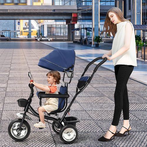 Kgabery-1tricycle Bb 4 En 1 Vlo Enfant Avec Sige Rversible Et Roues En Caoutchouc Silencieuses,Tricycle Pliable Avec Pare-Soleil,Pour Filles Et Garons (Bleu Fonc)