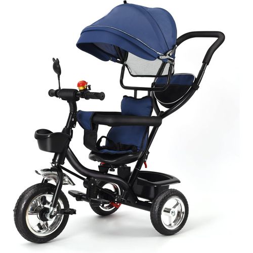 Kgabery-1tricycle Bb volutif 4 En 1,Tricycle Bb volutif Avec Poigne De Pousse Rglable,Canne,Cloche Et Rtroviseurs,Harnais De Scurit 9 Mois  5 Ans,Velo Bebe (Bleu Fonc)