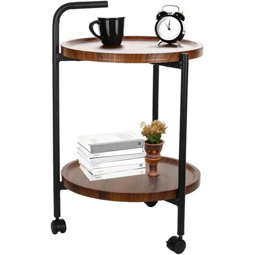 Kgabery-2 Tier Round Side Table,Small Coffee Table With Wheels,Sofa End,Mdf And Metal Frame,For Living Room,Bedroom,Balcony,Office,40x40x69 Cm,Retro Style