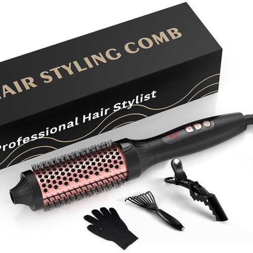 Kgabery-38mm Thermal Brush 3 In 1,Heated Styling Brush Lcd 120-210C,Double Voltage Thermal Brush,Heated Round Hair Styling Brush-Comb,Curls,Straight