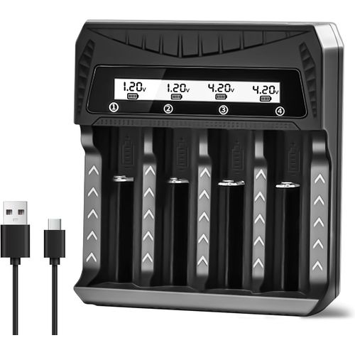 KGABERY-4 Slots Chargeur Piles Rechargeable 18650 Charge Rapide Pour Aa Aaa Rechargeable Avec Port Usb-C (2 Slots Chargeur) Pour Li-Ion Batterie,Pour Nh-Cd Batterie Avec Lcd Screen
