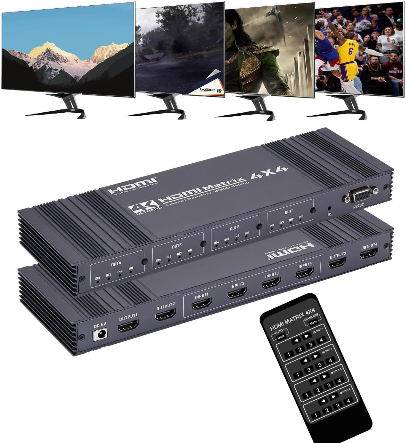 KGABERY-4X4 Matrix Switch 4K 30Hz,4 En 4 Out Hdmi Switch With Remote Supports Hdr,3D,Hdmi 1.4,Hdcp 1.4,Downscaler 4K&1080P,4 Way Hdmi Splitter Switch For Fire Tv Stick,Xbos,Ps4/5