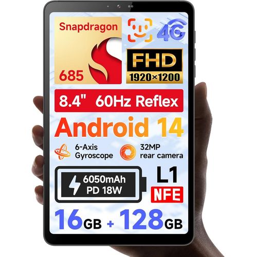 KGABERY-8.4 Inch Snapdragon 685 Android 14 Tablet,Fhd Ips 1920X1200 Resolution 60Hz Reflex Bpad Mini With Widevine L1,16Gb+128Gb(1Tb Expand),5Mp+32Mp Camera,4G Lte+2.4G/5G Wifi+Bt5.0+Gps,6050Mah