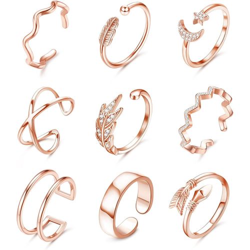 Kgabery-9cs Set De Bagues Pour Femme,Ensemble De Bagues Ouvertes Rglables,Bague Empilable Pour Doigt,Queue Rglable Bague De Jointure Rglable Pour Femme Fille Argent Or Rose Or