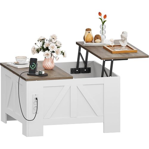 Kgabery-Adjustable Height Coffee Table With Semi-Recessed Shelf,Engineered Wood Construction,Innovative Metal Lift And Folding Design,White And Grey