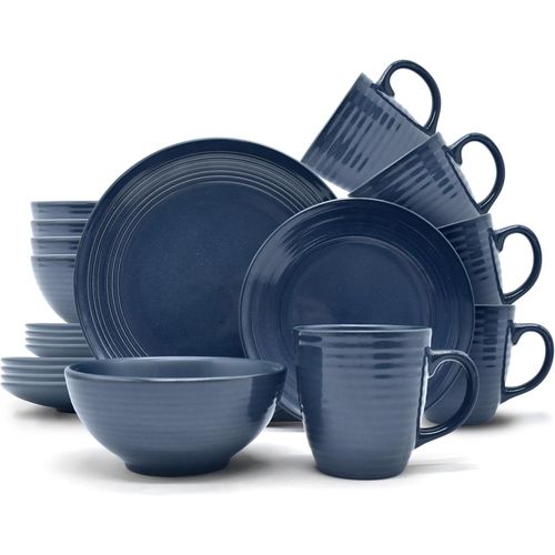 Kgabery-Alicia Service De Table 16 Pices Vintage Design Moderne Pour 4 Personnes En Grs Bleu Fonc Avec 4 Assiettes Plates,4 Assiettes D'accompagnement,4 Bols,4 Tasses  Th