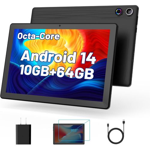 KGABERY-Android 14 Tablet,10,1 Pouces Tablettes Avec cran Tactile 1280,800 Ips Hd,Processeur Octa-Core,10Gb Ram Et 64Gb Rom (Extension Jusqu' 1Tb),Wifi 5G/2.4G,Bt 5.0,5Mp+8Mp Double Camra (Noir)