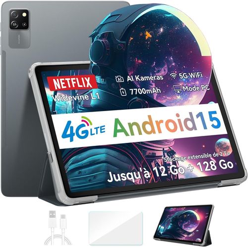KGABERY-Android 15 Tablette Tab60Pro,10 Pouces 4G Lte 12Go Ram 128Go Rom/2To Tf,Octa-Core T606 Tablette De Jeu,Corps Ultra-Mince 7,45 Mm,5G Wifi/Widevine L1/5Mp+8Mp/7700Mah/Gps/Face Id/Bt 5.0