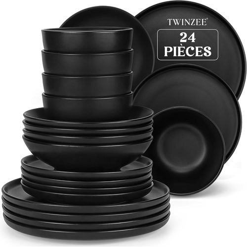 Kgabery-Assiette En Grs Noir-Set De 24 Vaisselle Et Arts De La Table-Rsistante Au Micro-Ondes Et Au Lave-Vaisselle-Durable Et lgante