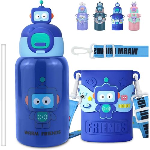 Kgabery-Bouteille D'eau Isotherme En Acier Inoxydable Pour Enfants De 3  15 Ans Avec Couvercle  Paille,Rutilisable,Anti-Fuite,Sans Bpa (Robot)