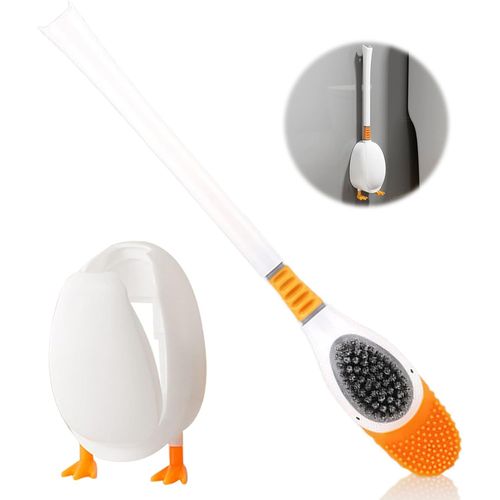 Kgabery-Brosse Wc En Silicone-Petit Canard Jaune-Porte-Brosse Wc-Avec Tte De Nettoyage Flexible-Montage Mural-Convient Pour Le Nettoyage Des Toilettes Domestiques-Blanc