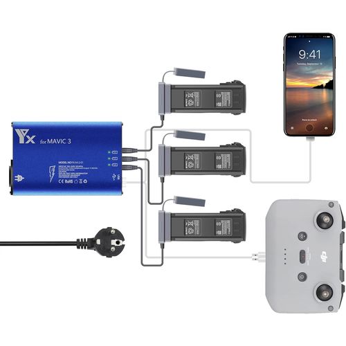 Kgabery-Chargeur Multi-Batteries Hub De Charge Pour Drone Dji Mavic 3 (Pas Pour Mavic 2/Pro),Smart Parallel Dock Station Pour 3 Batteries De Vol 1 Tlcommande 1 Smartphone/Tablette,Bleue