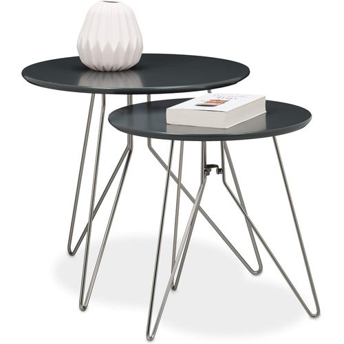 Kgabery-Console Table,Side Table,Sofa,Nesting Coffee Table,Set Of 2,Modern Design With Round Top In Matt Grey Lacquered Wood,Diameter 60 And 40 Cm,Metal Legs,Matt Grey