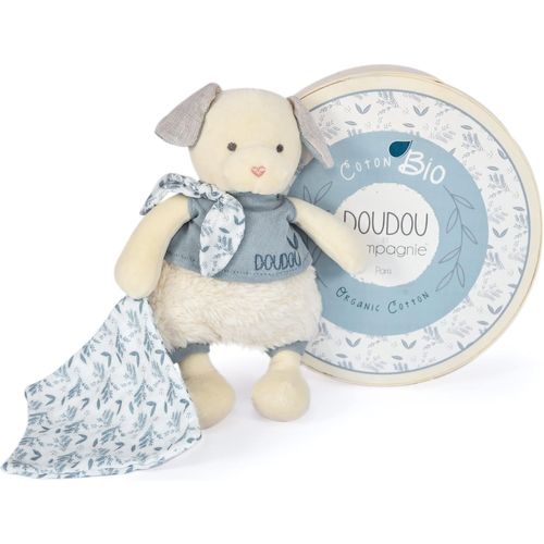Kgabery-Doudou Peluche Chien Avec Mouchoir-En Coton Bio Bleu-22 Cm-Collection Doudou Botanic Bio-Avec Boite Cadeau Ronde-Ide Cadeau Naissancegarantie Doudou Perdu-Dc3964
