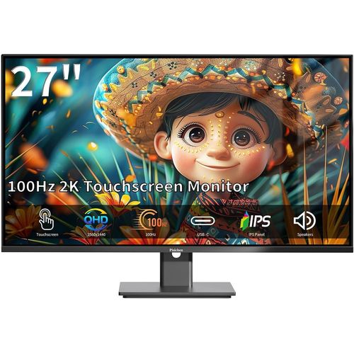 KGABERY-cran Tactile 27 Pouces 2K 100Hz Gaming Monitor, Qhd 2560 X 1440 Ips 10-Point Multi-cran Tactile D'Ordinateur D'Affichage, Usb-C Hdmi Vga Ports, Haut-Parleurs Intgrs