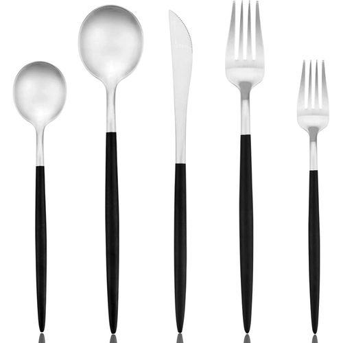 Kgabery-Ensemble De Couverts De 20 Pices Ensemble De Vaisselle En Acier Inoxydable Ensemble De Vaisselle Ensemble De Vaisselle Comprenant Un Couteau Des Fourchettes Cuillres Service Noir Argent 18/
