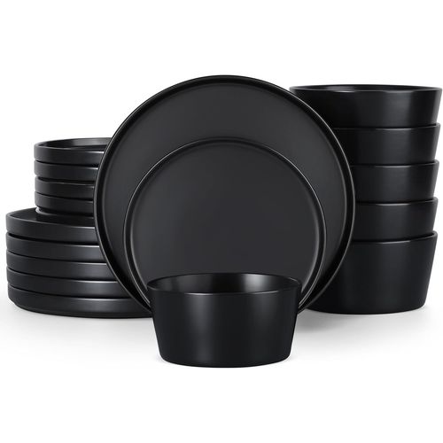 Kgabery-Ensemble De Vaisselle 6 Personnes,18 Pices En Grs Service De Table,Vaisselle Avec Assiette Plate Assiette  Dessert Bols  Crales,Micro-Ondes,Rsistant Aux Rayures,Mystre Noir