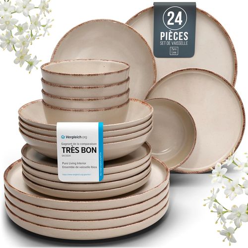 Kgabery-Ensemble Vaisselle En Grs 6 Personnes Rustique 24 Pices-Service De Table Rustique,Lavable Au Lave-Vaisselle-Ensemble De Bols Et Assiettes-Vaisselle De Table Pure Living En Beige