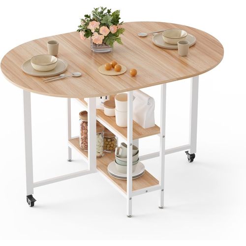 Kgabery-Folding Dining Table,Kitchen Table With 2 Storage Shelves,Rounded Edge Design,For Small Spaces Dining Room Kitchen,120x80x75 Cm,Oak And White