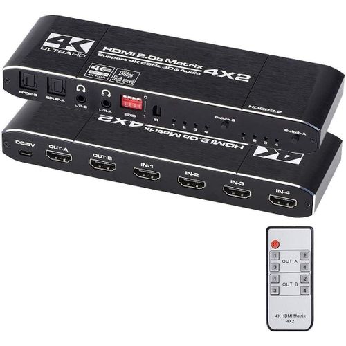 KGABERY-Hdmi Matrix 4X2 4K @ 60Hz Hdr Switch Splitter 4 En 2 Sorties Yuv 4 4 4 Optique Spdif+Jack 3.5Mm Extracteur Audio Commutateur Hdmi