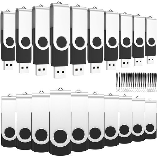 KGABERY-Lot De 20 Cl Usb 1 Go Clef Usb 1Go Rotation Pendrive Usb 2.0 Mmoire Stick Disque Avec 20 Cordes (10 Noir,1Gb*20Pcs)