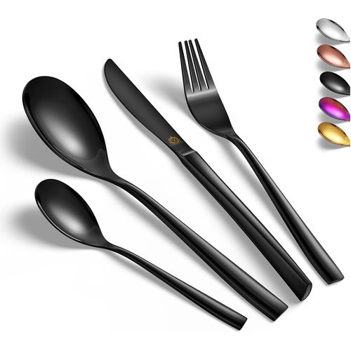 Kgabery-Mnagre 24 Pices,Set De Couverts Pour 6 Personnes,Couverts De Table Bout Carr Avec 1 Couteau,1 Fourchette,2 Cuillre,Acier Inoxydable,Poli Miroir,Scurit Du Lave-Vaisselle,Noir