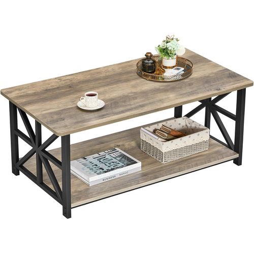 Kgabery-Modern Living Room Coffee Table With 2 Storage Levels,X-Frame Metal Legs And Tray Design,Rectangular,Grey
