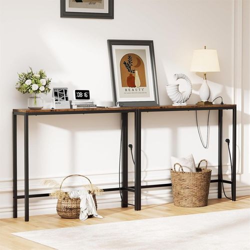 Kgabery-Narrow Console Table,Side Table With European Sockets And Usb Ports,Space Saving Entrance Furniture High Table,Retro Brown,2 Pieces